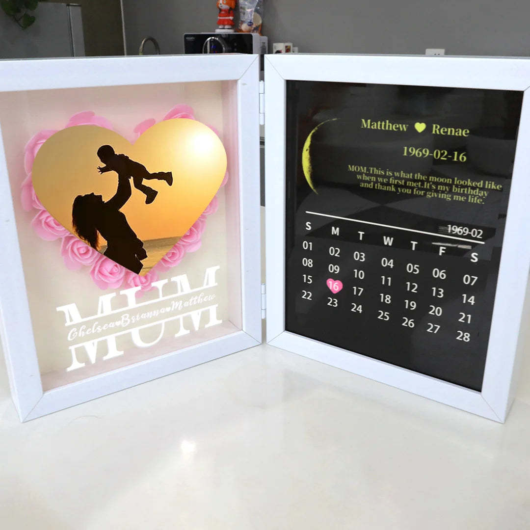 (Mom Photo With Name) With REAL MOON PHASE Anniversary Calendar Custom flower frame-ilovevango