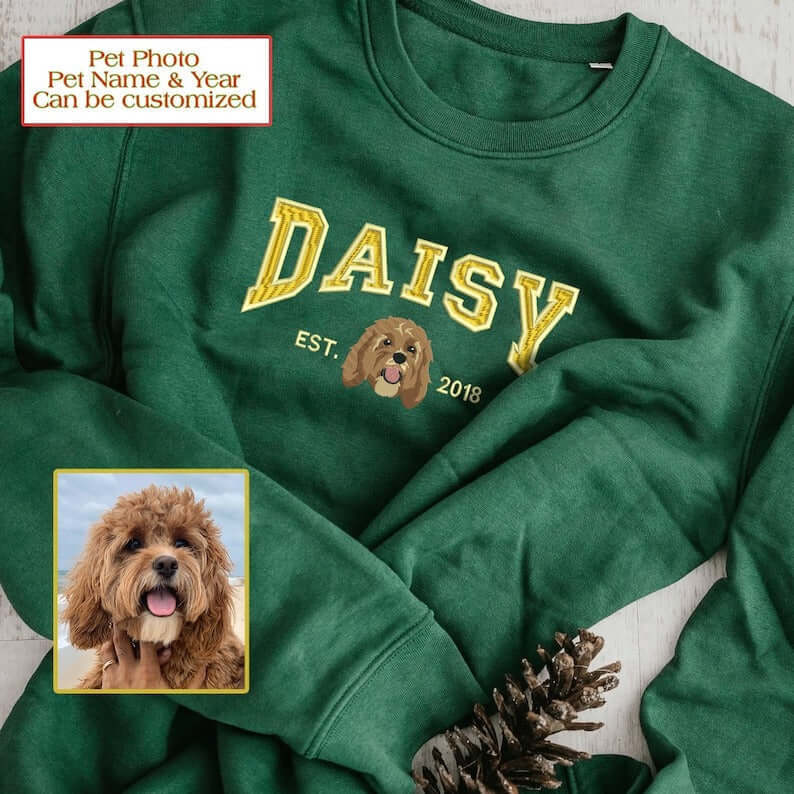 Custom Embroidered Sweatshirt With Pet Portrait and Name