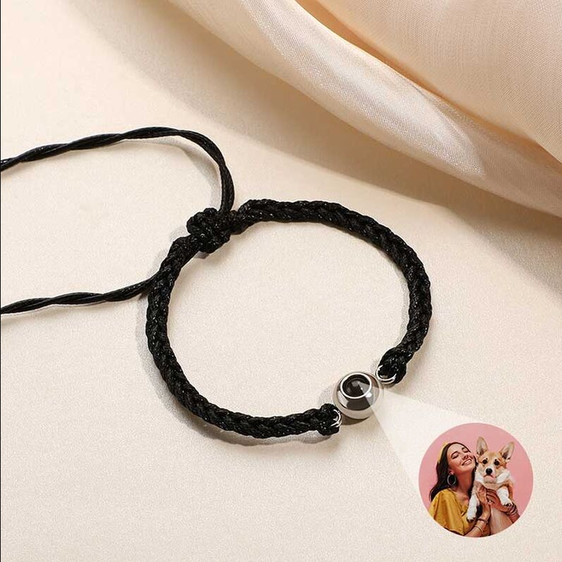 Personalized Circle Photo Projector Bracelet For Women And Men Black with Black Rope