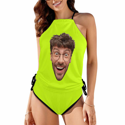 Custom Big Face Black Womens Swimsuit Tankini Top Sets Two Piece Bathing Suit with Tie Side