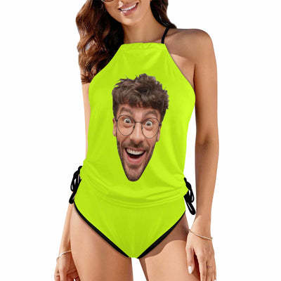 Custom Big Face Black Womens Swimsuit Tankini Top Sets Two Piece Bathing Suit with Tie Side