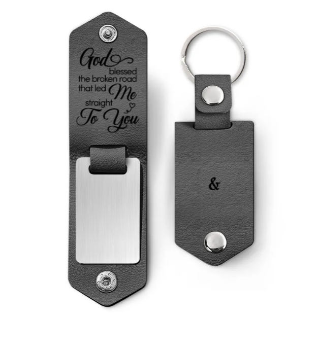 Custom Photo God Blessed The Broken Road - Loving, Anniversary Gift For Couple, Spouse, Husband, Wife - Personalized Leather Photo Keychain-ilovevango