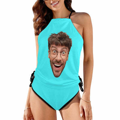 Custom Big Face Black Womens Swimsuit Tankini Top Sets Two Piece Bathing Suit with Tie Side