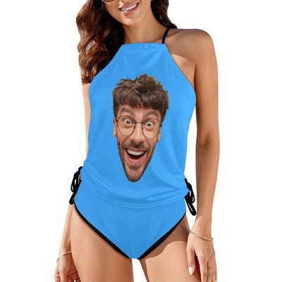 Custom Big Face Black Womens Swimsuit Tankini Top Sets Two Piece Bathing Suit with Tie Side