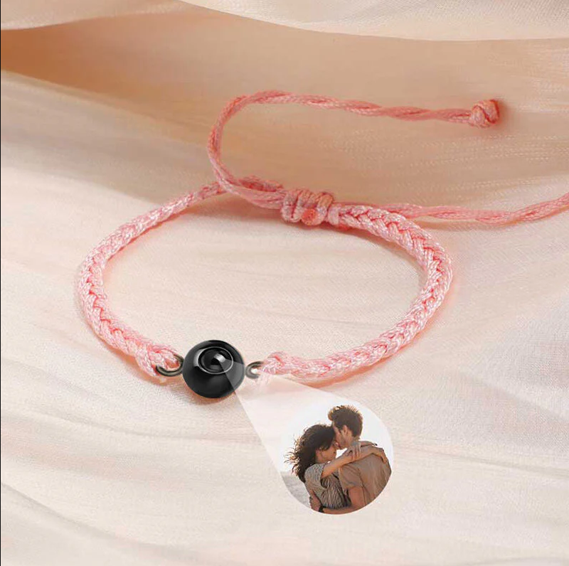 Personalized Circle Photo Projector Bracelet For Women And Men Sliver with Pink Rope