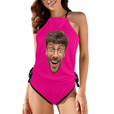 Custom Big Face Black Womens Swimsuit Tankini Top Sets Two Piece Bathing Suit with Tie Side