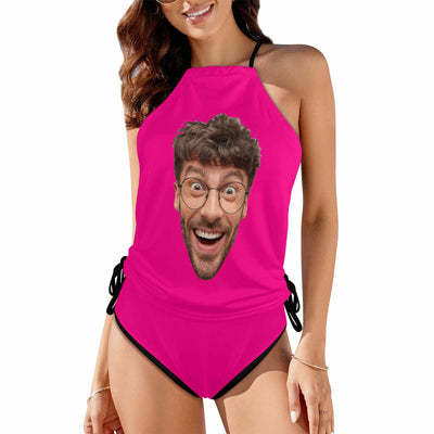 Custom Big Face Black Womens Swimsuit Tankini Top Sets Two Piece Bathing Suit with Tie Side