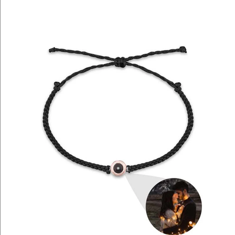 Personalized Circle Photo Projector Bracelet For Women And Men Black with Black Rope