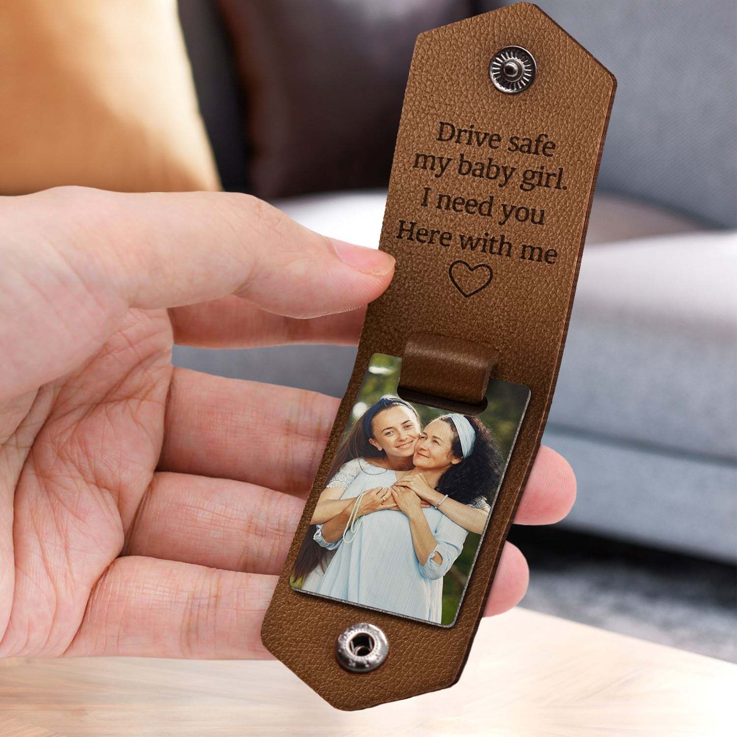 Custom Photo Drive Safe My Baby Girl I Need You Here With Me - Birthday, Loving Gift For Girl, Daughter, Granddaughter - Personalized Leather Photo Keychain-ilovevango
