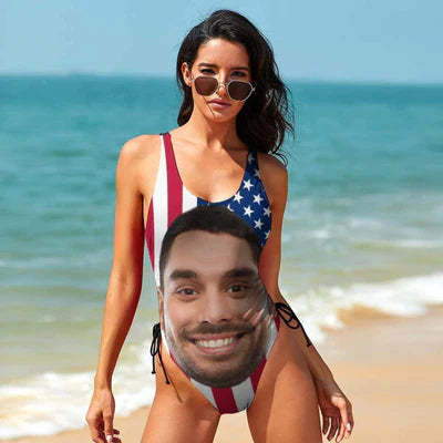 Bathingsuit-Custom Face American Flag Swimsuit, Personalized New Drawstring Side One Piece Swimsuit Bathing Suit Celebrate Holiday-ilovevango