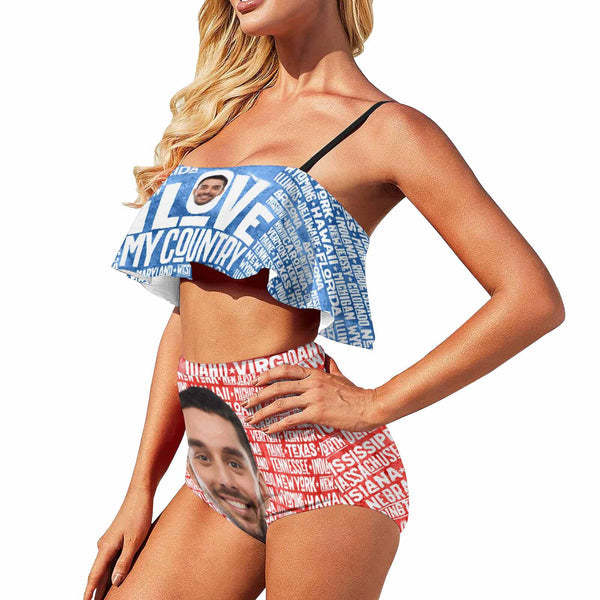 Custom Face American Flag Personalized Bikini Swimsuit Ruffle Bathing Suits Celebrate Holiday Party Gift For Girlfriend-ilovevango