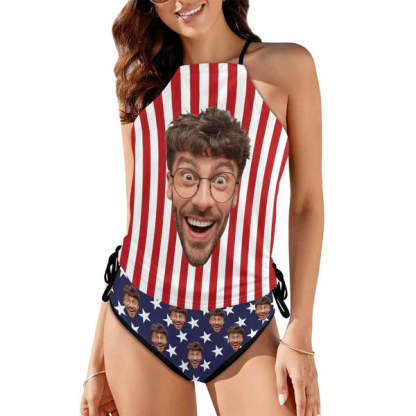 Custom Flag Face Womens Swimsuit Tankini Top Sets Two Piece Bathing Suit with Tie Side