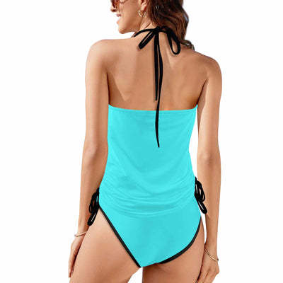 Custom Big Face Black Womens Swimsuit Tankini Top Sets Two Piece Bathing Suit with Tie Side