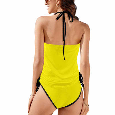 Custom Big Face Black Womens Swimsuit Tankini Top Sets Two Piece Bathing Suit with Tie Side