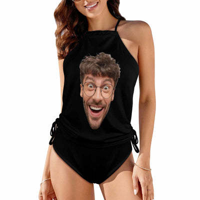 Custom Big Face Black Womens Swimsuit Tankini Top Sets Two Piece Bathi