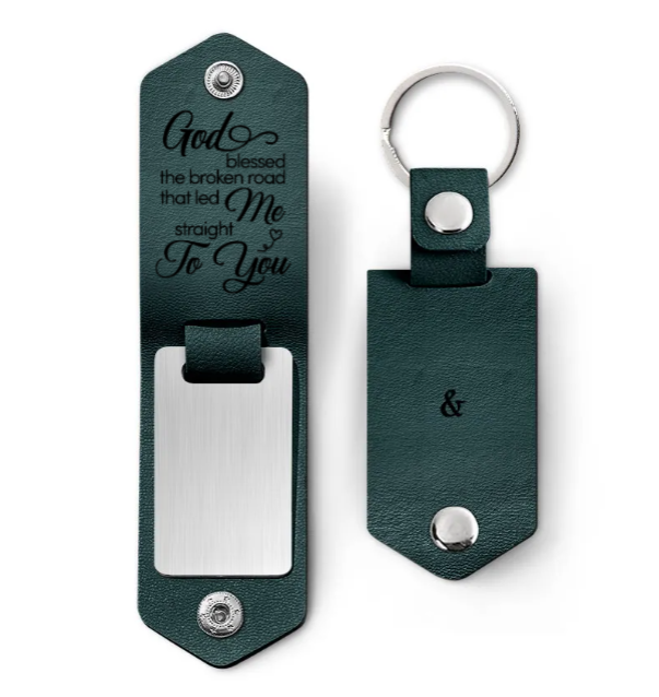 Custom Photo God Blessed The Broken Road - Loving, Anniversary Gift For Couple, Spouse, Husband, Wife - Personalized Leather Photo Keychain-ilovevango