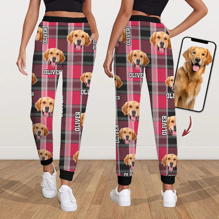 Custom Dog Photo With Plaid Background For Men and Women Sweatpants