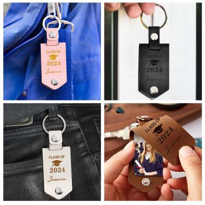 Custom Photo And So The Adventure Begins - Graduation Gift - Personalized Leather Photo Keychain