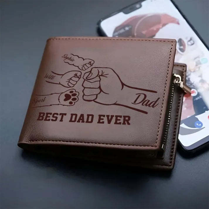 Personalized Fist Bump Dad Kids Pet Leather Wallet, Custom Kids Name Male Leather Wallet, For Daddy