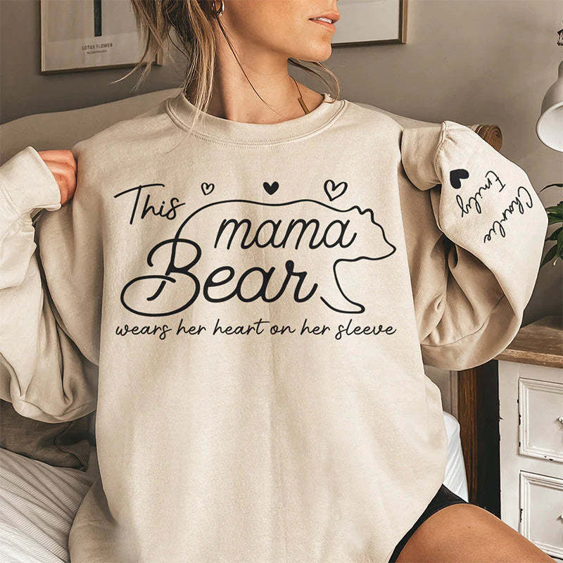 Mama Bear Wears Her Heart On Her Sleeve - Family Personalized Custom Unisex Sweatshirt With Design On Sleeve-ilovevango