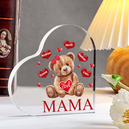 Personalized 1-5 Names And Text Teddy Bear Heart Family Acrylic Decorative Desk Decoration For Mother-ilovevango