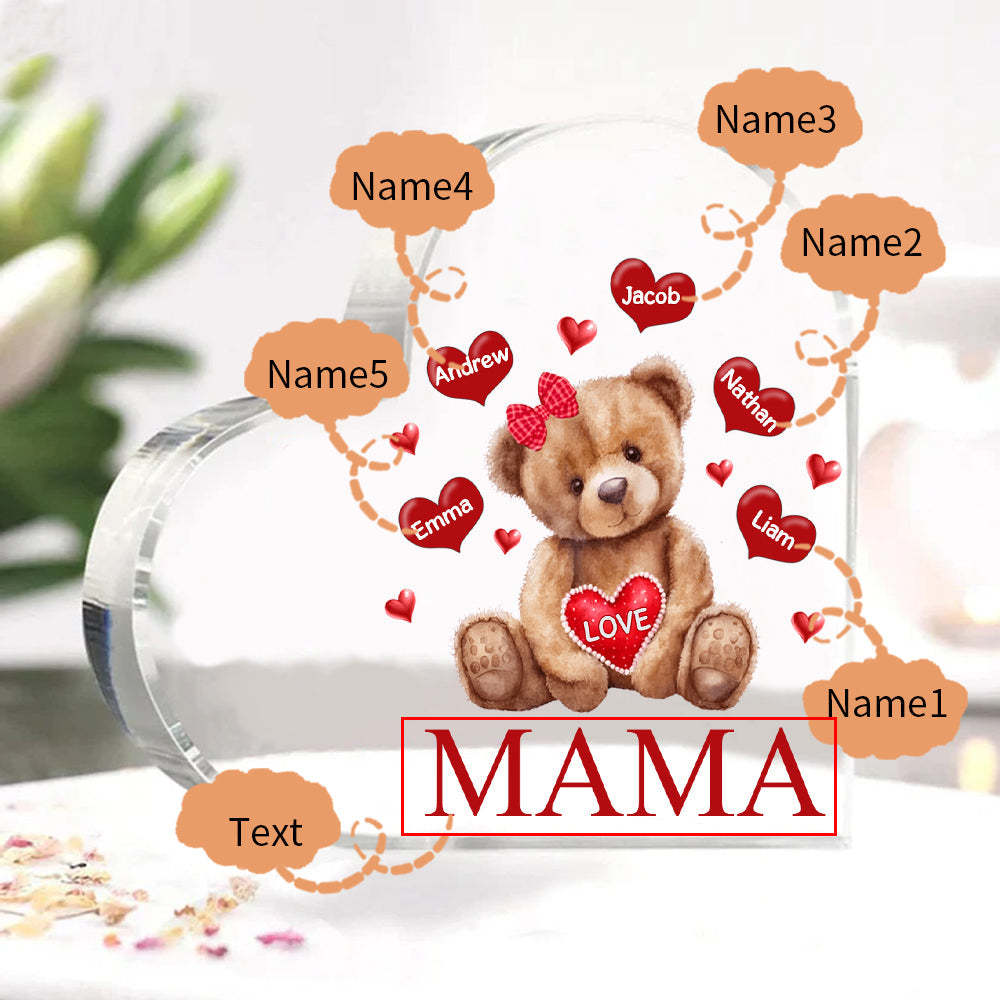 Personalized 1-5 Names And Text Teddy Bear Heart Family Acrylic Decorative Desk Decoration For Mother-ilovevango