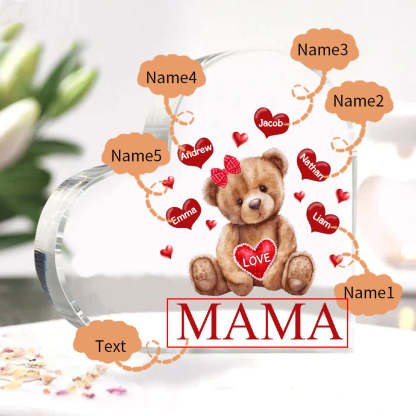 Personalized 1-5 Names And Text Teddy Bear Heart Family Acrylic Decorative Desk Decoration For Mother-ilovevango