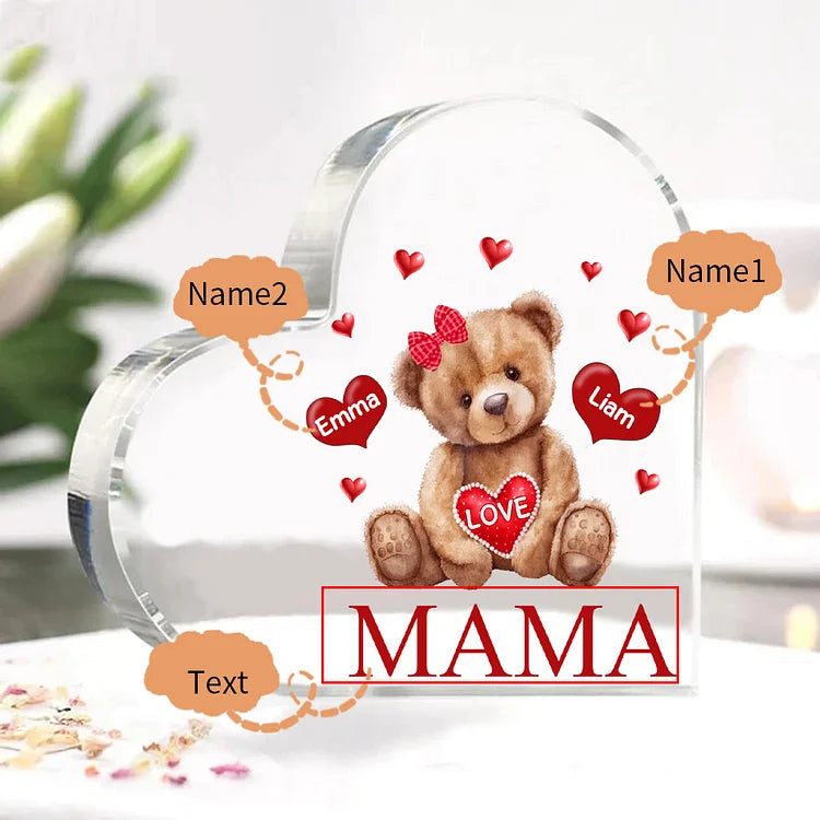 Personalized 1-5 Names And Text Teddy Bear Heart Family Acrylic Decorative Desk Decoration For Mother-ilovevango