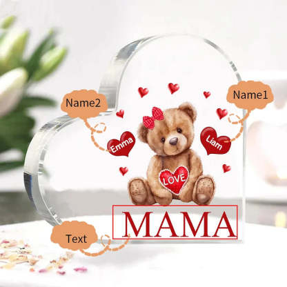 Personalized 1-5 Names And Text Teddy Bear Heart Family Acrylic Decorative Desk Decoration For Mother-ilovevango