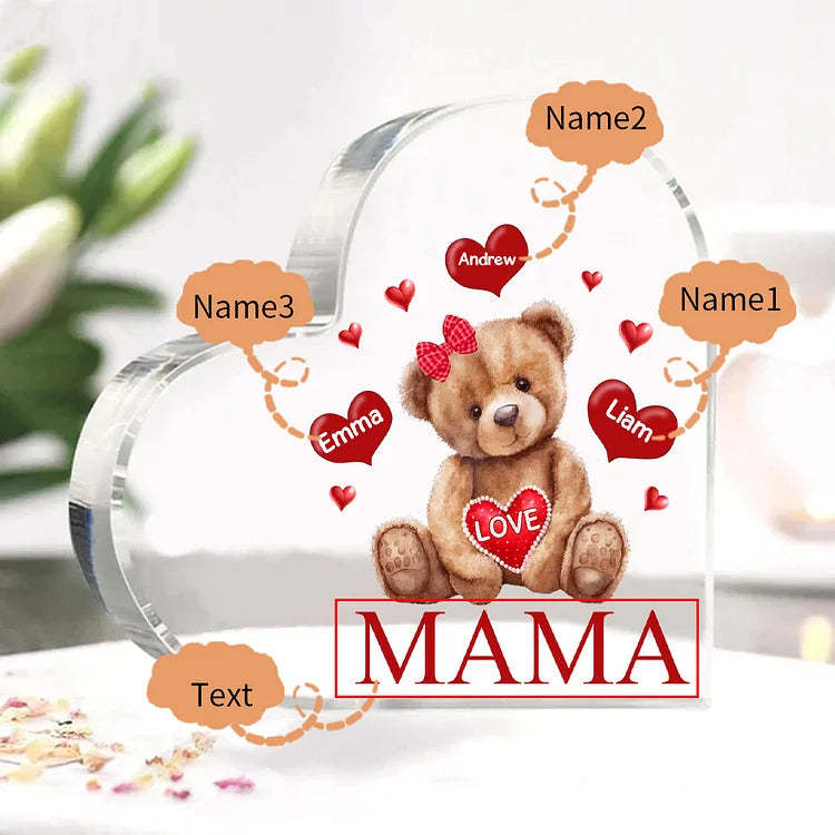 Personalized 1-5 Names And Text Teddy Bear Heart Family Acrylic Decorative Desk Decoration For Mother-ilovevango