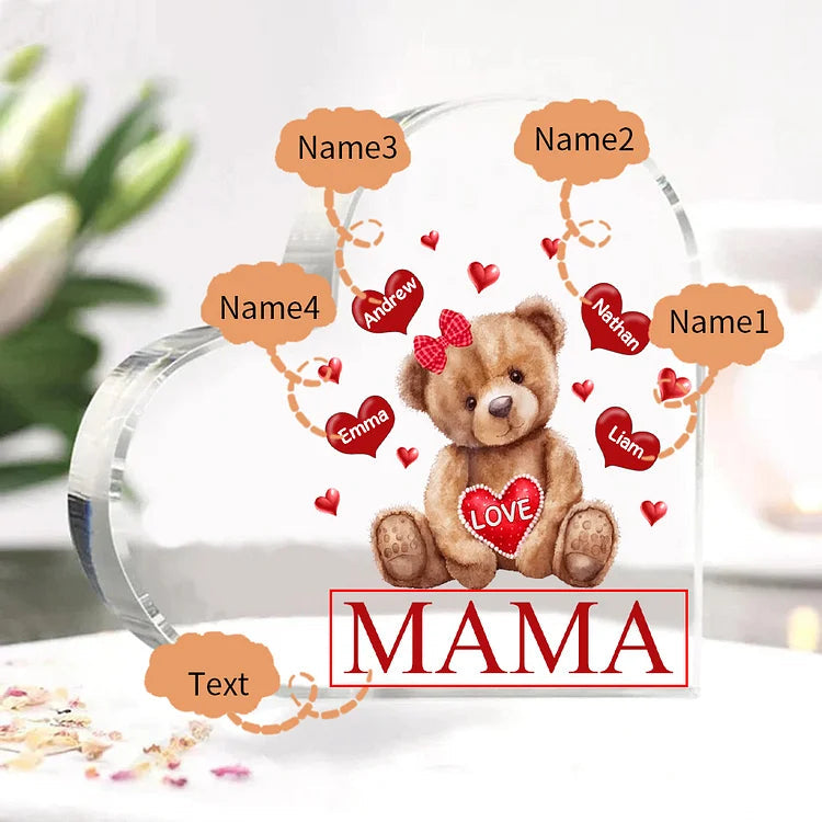 Personalized 1-5 Names And Text Teddy Bear Heart Family Acrylic Decorative Desk Decoration For Mother-ilovevango