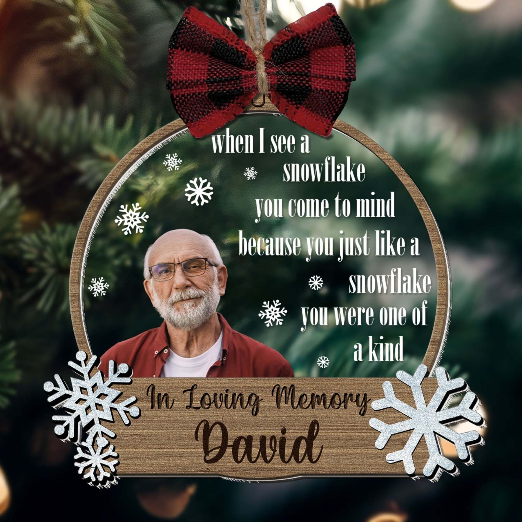 Snowflakes Are Kisses From Heaven - Personalized Wood And Acrylic Photo Ornament With Bow
