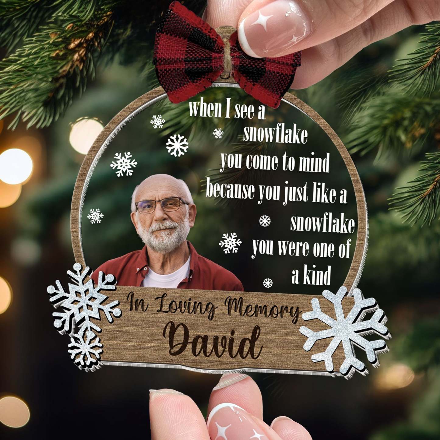 Snowflakes Are Kisses From Heaven - Personalized Wood And Acrylic Photo Ornament With Bow