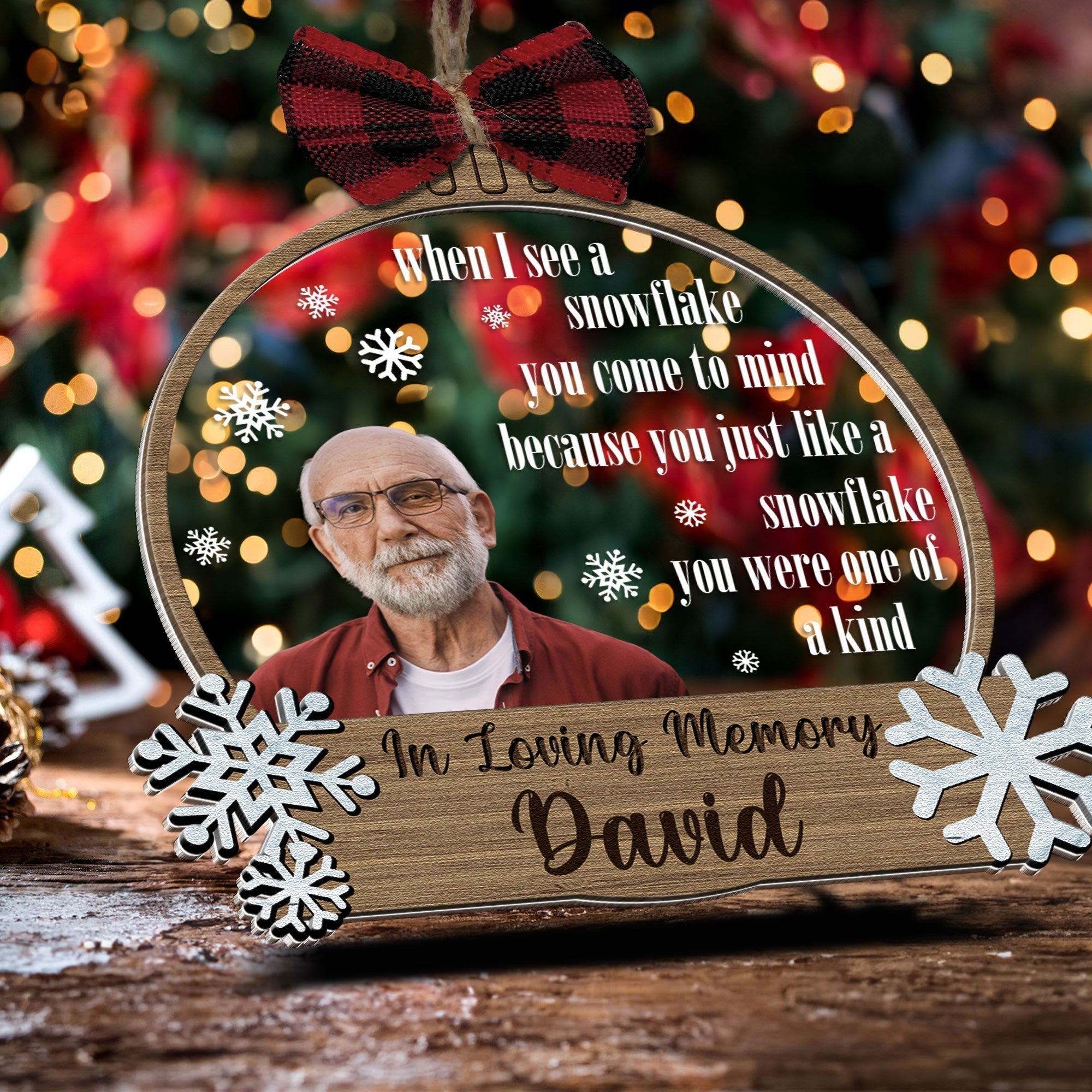 Snowflakes Are Kisses From Heaven - Personalized Wood And Acrylic Photo Ornament With Bow