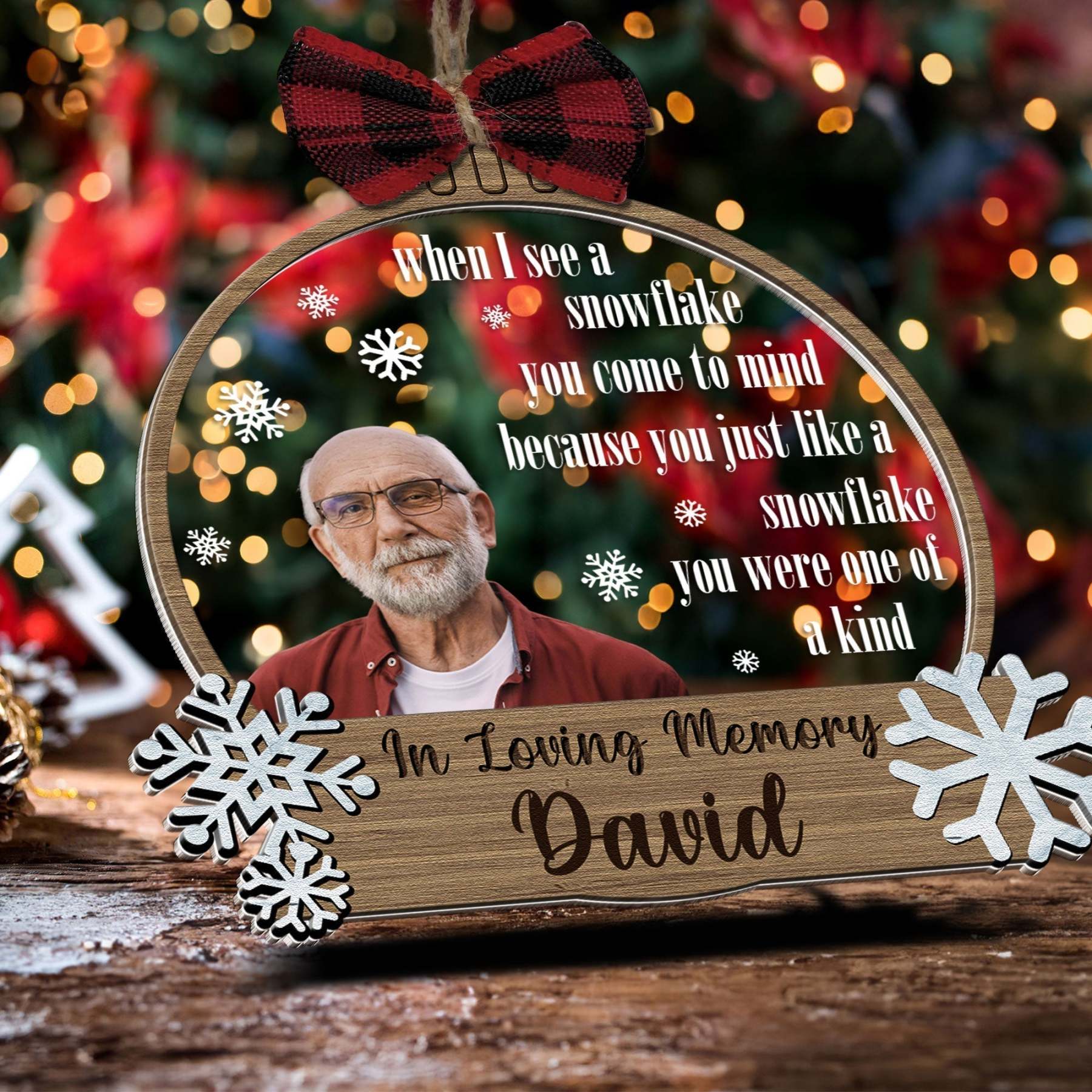 Snowflakes Are Kisses From Heaven - Personalized Wood And Acrylic Photo Ornament With Bow