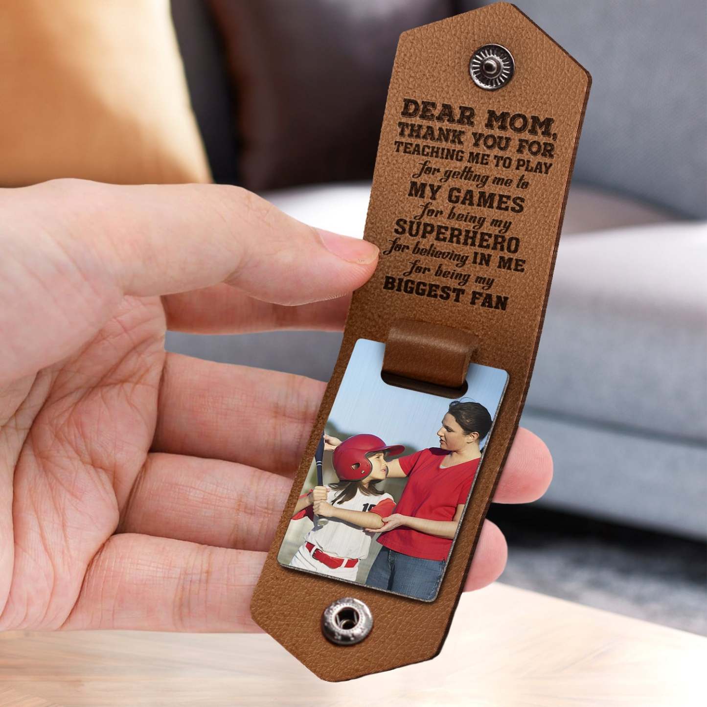 Custom Photo Dear Mom Thank You For Teaching Me - Birthday, Loving Gift For Baseball, Softball Mother - Personalized Leather Photo Keychain-ilovevango
