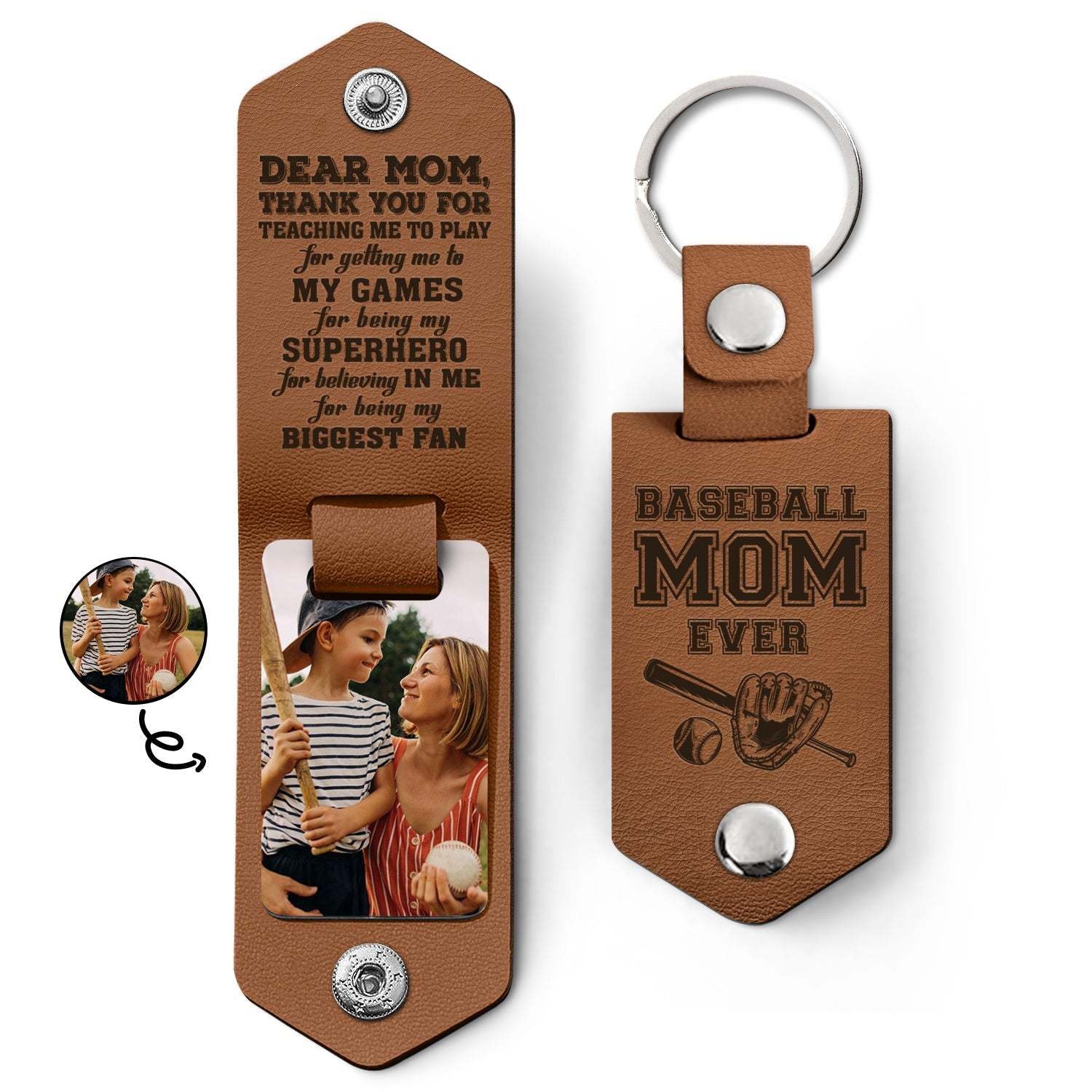 Custom Photo Dear Mom Thank You For Teaching Me - Birthday, Loving Gift For Baseball, Softball Mother - Personalized Leather Photo Keychain-ilovevango