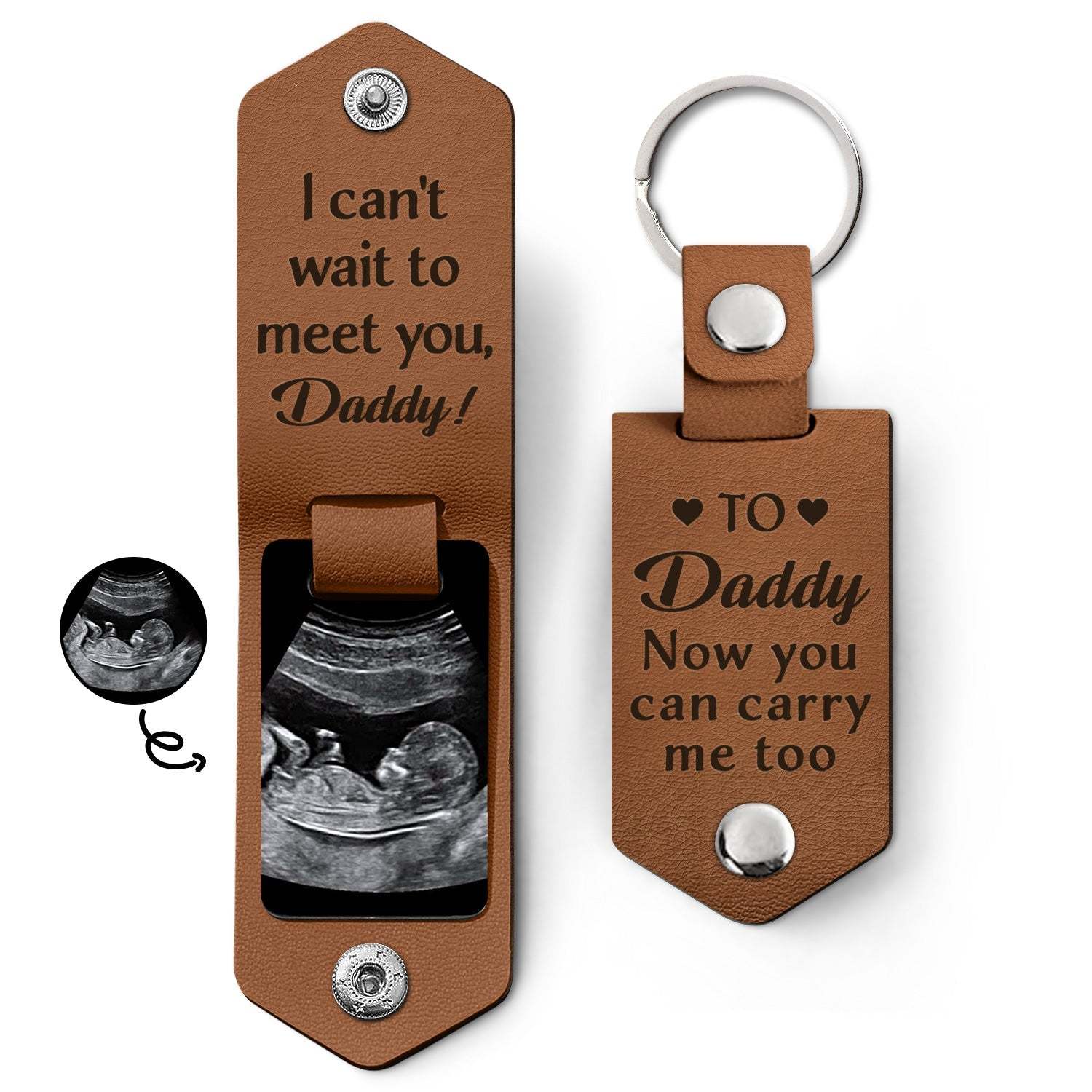 Custom Photo Daddy I Can't Wait To Meet You - Personalized Leather Photo Keychain-ilovevango