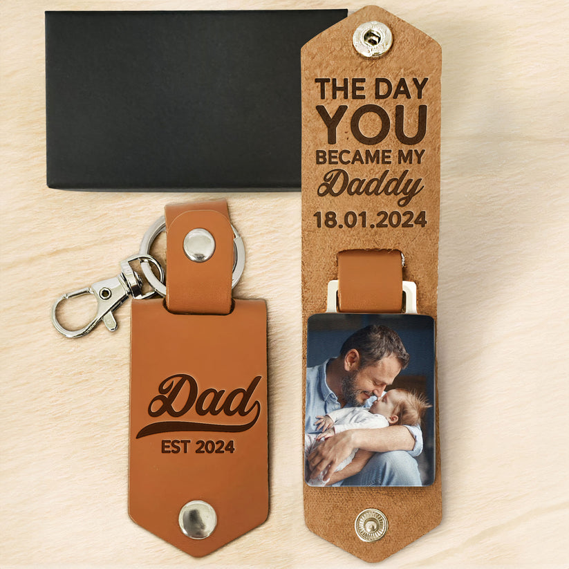 The Day You Became My Daddy First Time Dad - Personalized Leather Photo Keychain-ilovevango