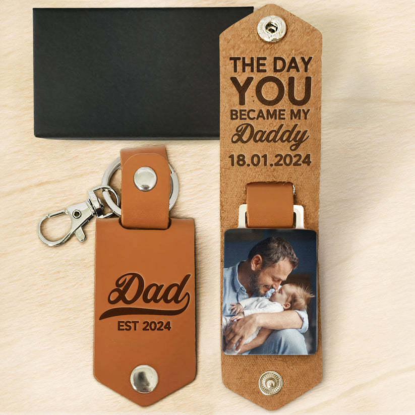 The Day You Became My Daddy First Time Dad - Personalized Leather Photo Keychain-ilovevango