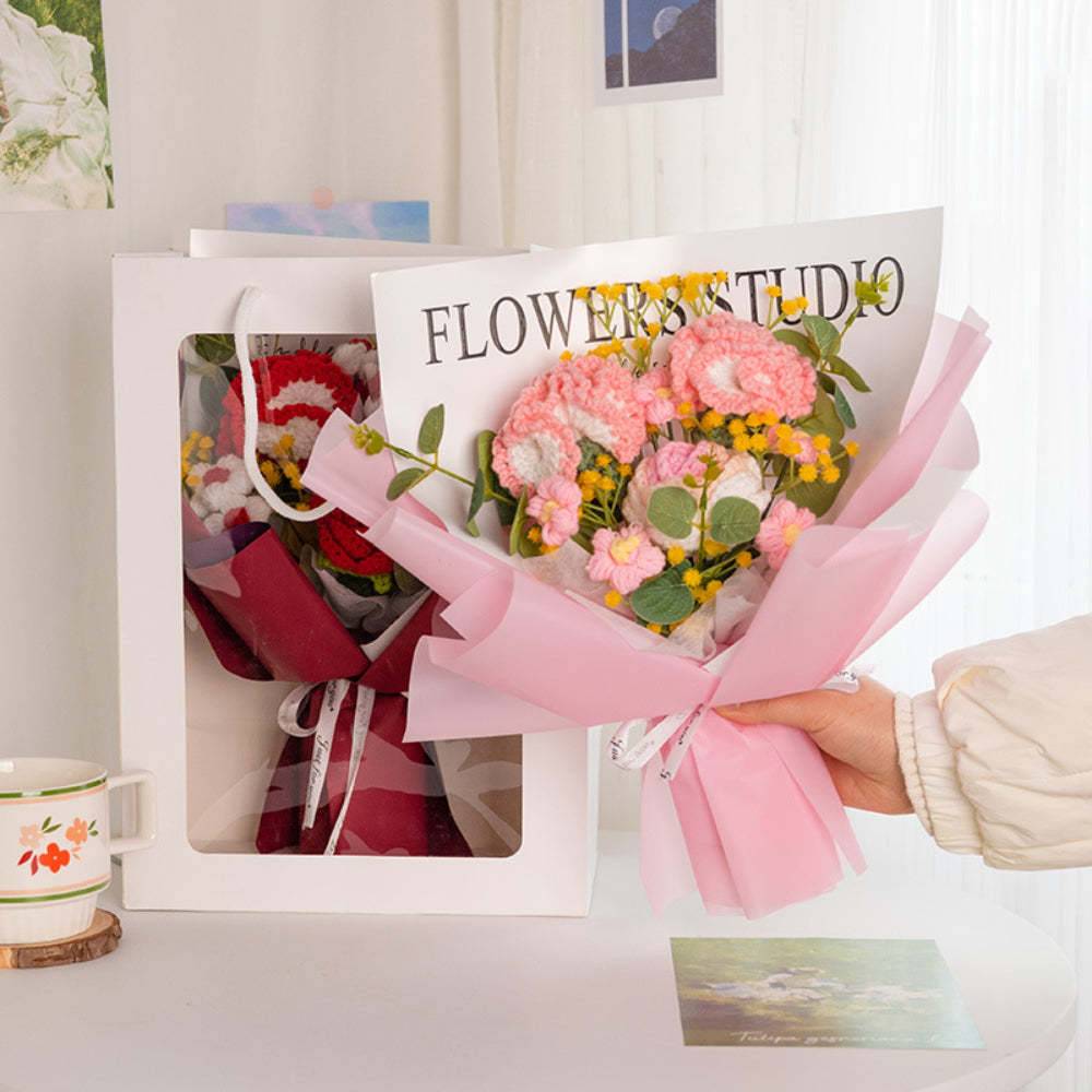 Mother's Day Gift Crochet Flowers Bouquet Handmade Knitted Carnation Bouquet With Light Strip Gift For Her-ilovevango
