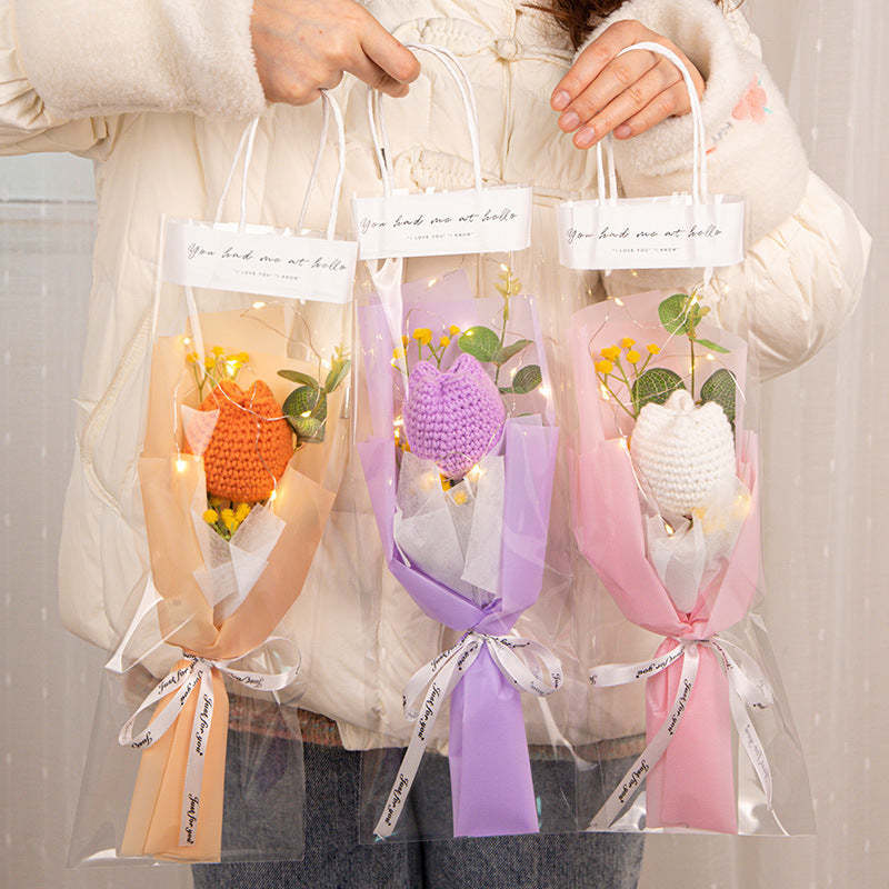 Mother's Day Gift Crochet Flowers Bouquet Handmade Knitted Tulip Carnation Bouquet With Light Strip Gift For Her-ilovevango