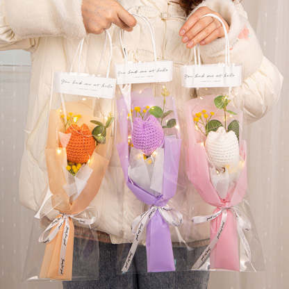 Mother's Day Gift Crochet Flowers Bouquet Handmade Knitted Tulip Carnation Bouquet With Light Strip Gift For Her-ilovevango