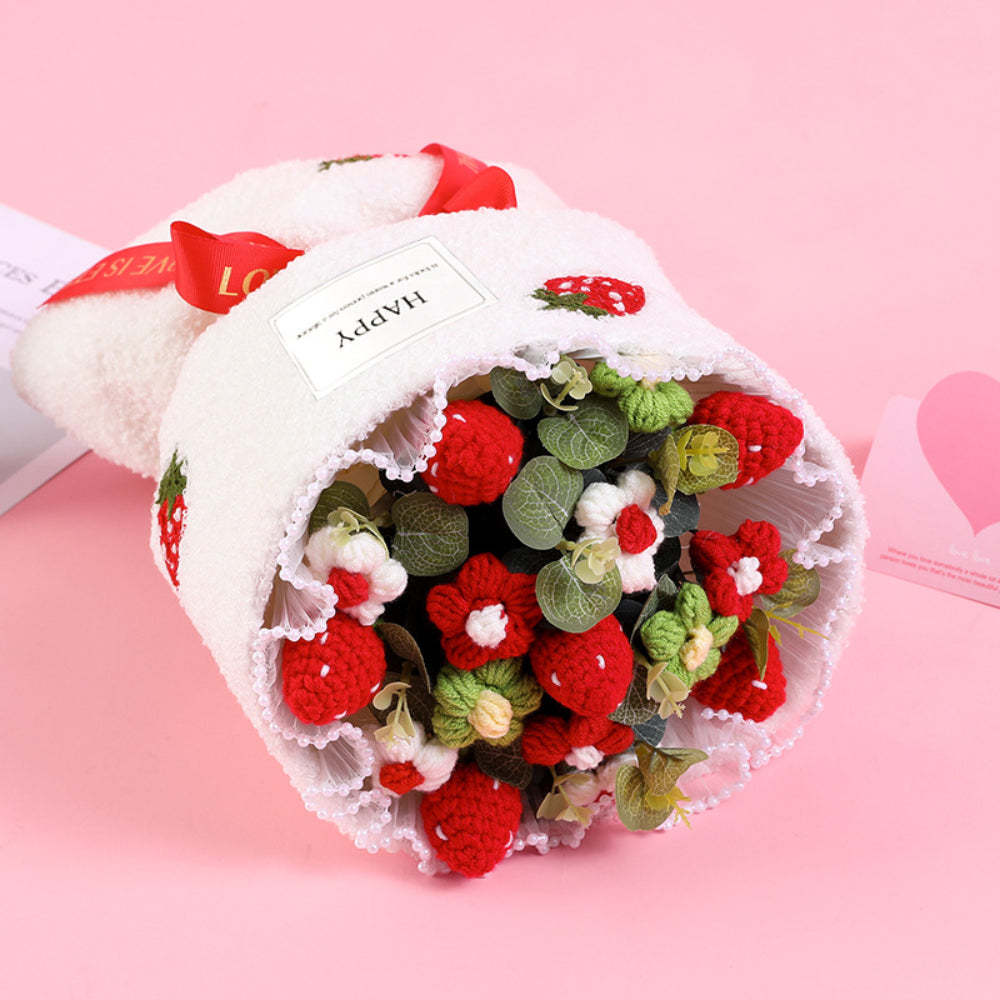 Mother's Day Gift Crochet Flowers Bouquet Handmade Knitted Strawberry Bouquet With Light Strip Gift For Lovers-ilovevango