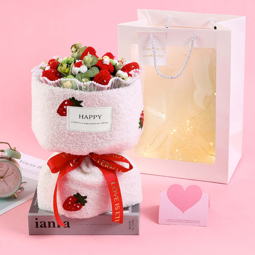 Mother's Day Gift Crochet Flowers Bouquet Handmade Knitted Strawberry Bouquet With Light Strip Gift For Lovers-ilovevango