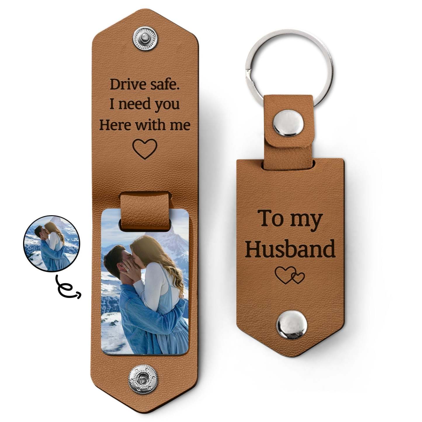 Custom Photo Drive Safe I Need You Here With Me - Gift For Boyfriends, Husbands, Couples - Personalized Leather Photo Keychain-ilovevango