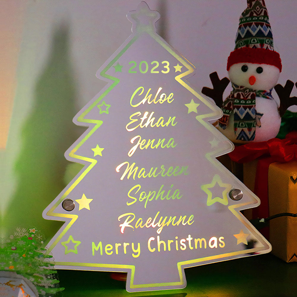 🎄Personalized Family Name Christmas Tree Mirror Light Neon Sign With LED Lights Custom Text Multicolor Glow Wall Decor