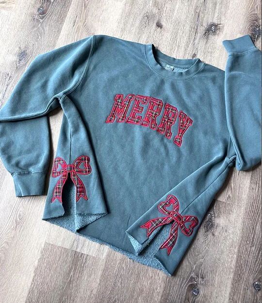 Merry Side Bow Cut-Out Sweatshirt, Plaid Christmas Pullover, Trendy Coquette Bow