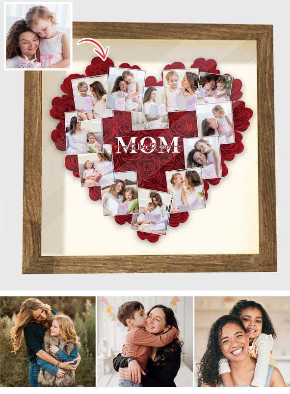 Heart Photos Mom We Love You - Personalized Mother Flower Shadow Box