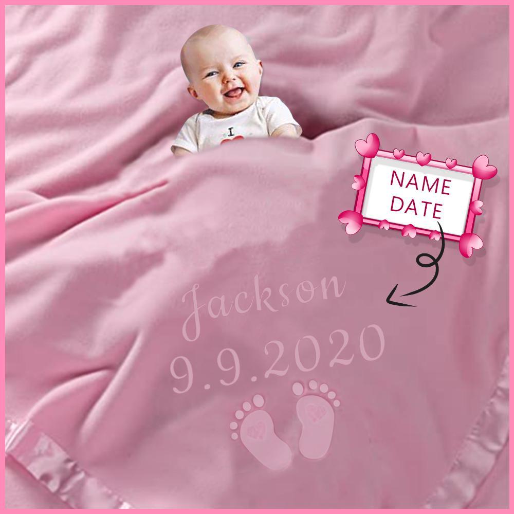Personalized Newborn Gift Baby Blanket-Name and Date with Infant Heart Feet Design-Pink or Blue